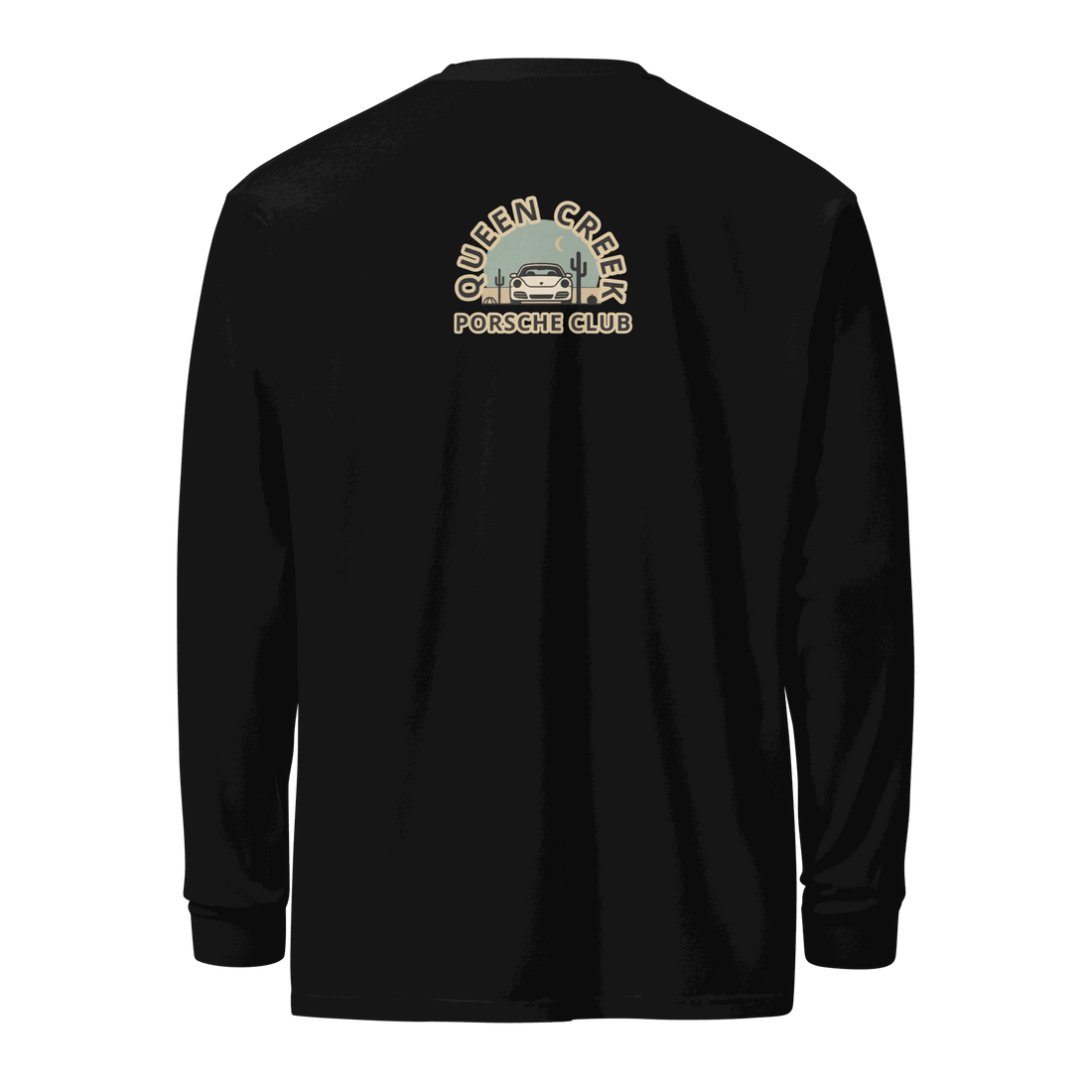 Black Queen Creek Porsche Club heavyweight unisex long-sleeve shirt with vintage car logo on back