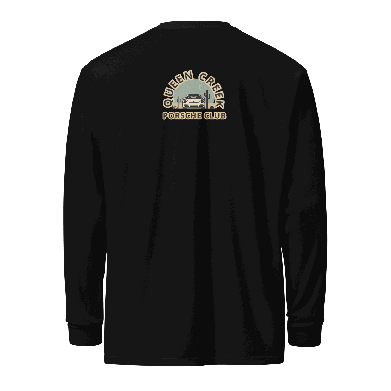 Black Queen Creek Porsche Club heavyweight unisex long-sleeve shirt with vintage car logo on back