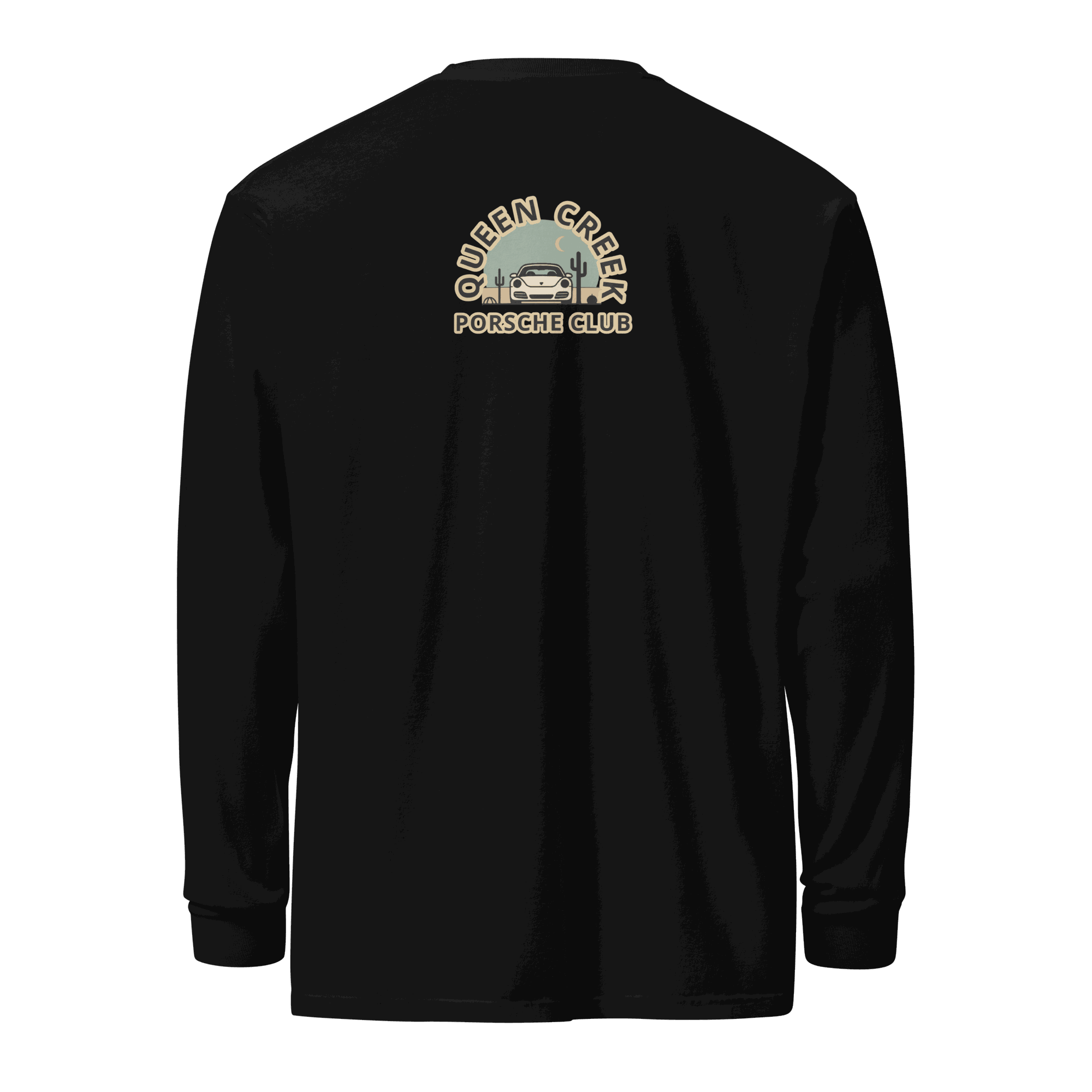 Black Queen Creek Porsche Club heavyweight unisex long-sleeve shirt with vintage car logo on back