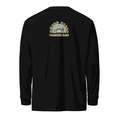 Black Queen Creek Porsche Club heavyweight unisex long-sleeve shirt with vintage car logo on back