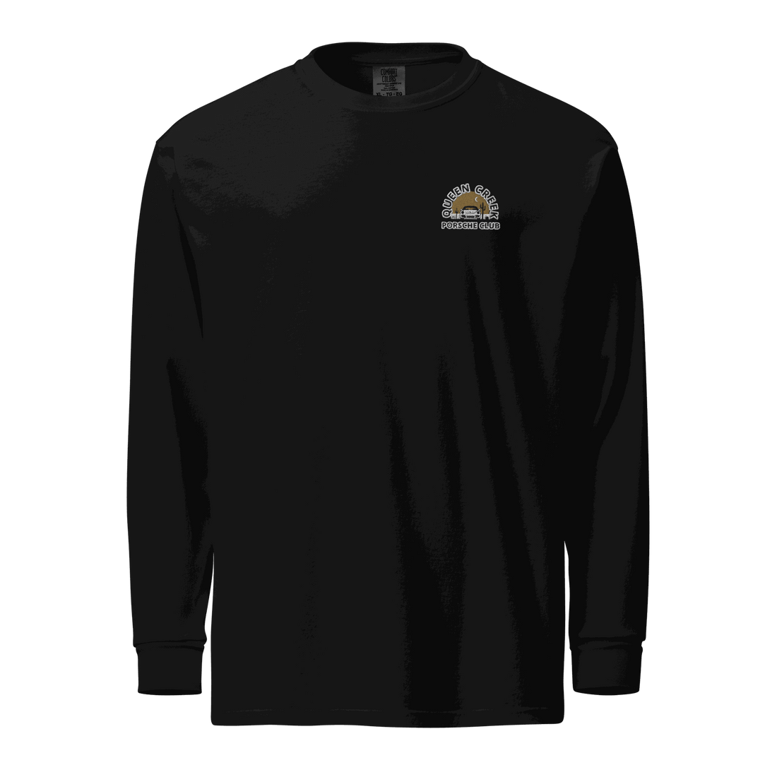 Queen Creek Porsche Club black heavyweight unisex long-sleeve shirt with garment-dyed pre-shrunk cotton fabric and small logo on chest