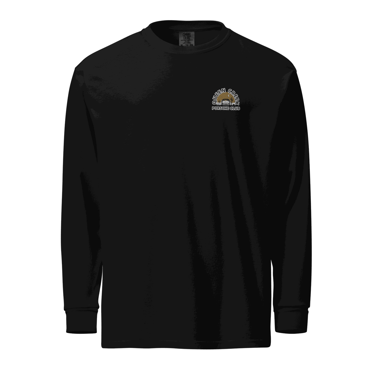 Queen Creek Porsche Club black heavyweight unisex long-sleeve shirt with garment-dyed pre-shrunk cotton fabric and small logo on chest