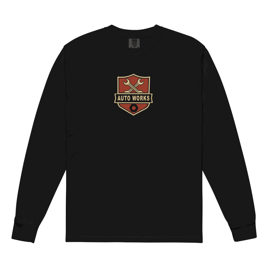 Black Auto Works Long Sleeve T-Shirt with automotive logo on chest, made of soft ring-spun cotton