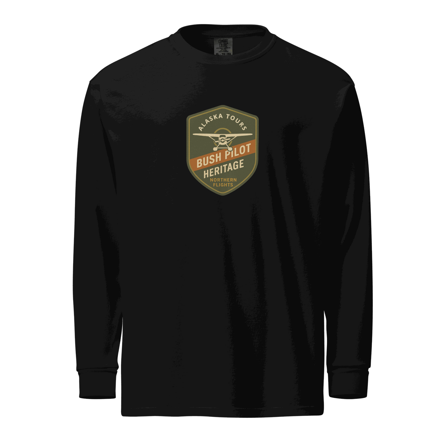 Black Aviation Bush Pilot long-sleeve shirt with Alaska Tours Heritage logo, heavyweight cotton, relaxed fit, rib cuffs, pre-shrunk garment-dyed fabric