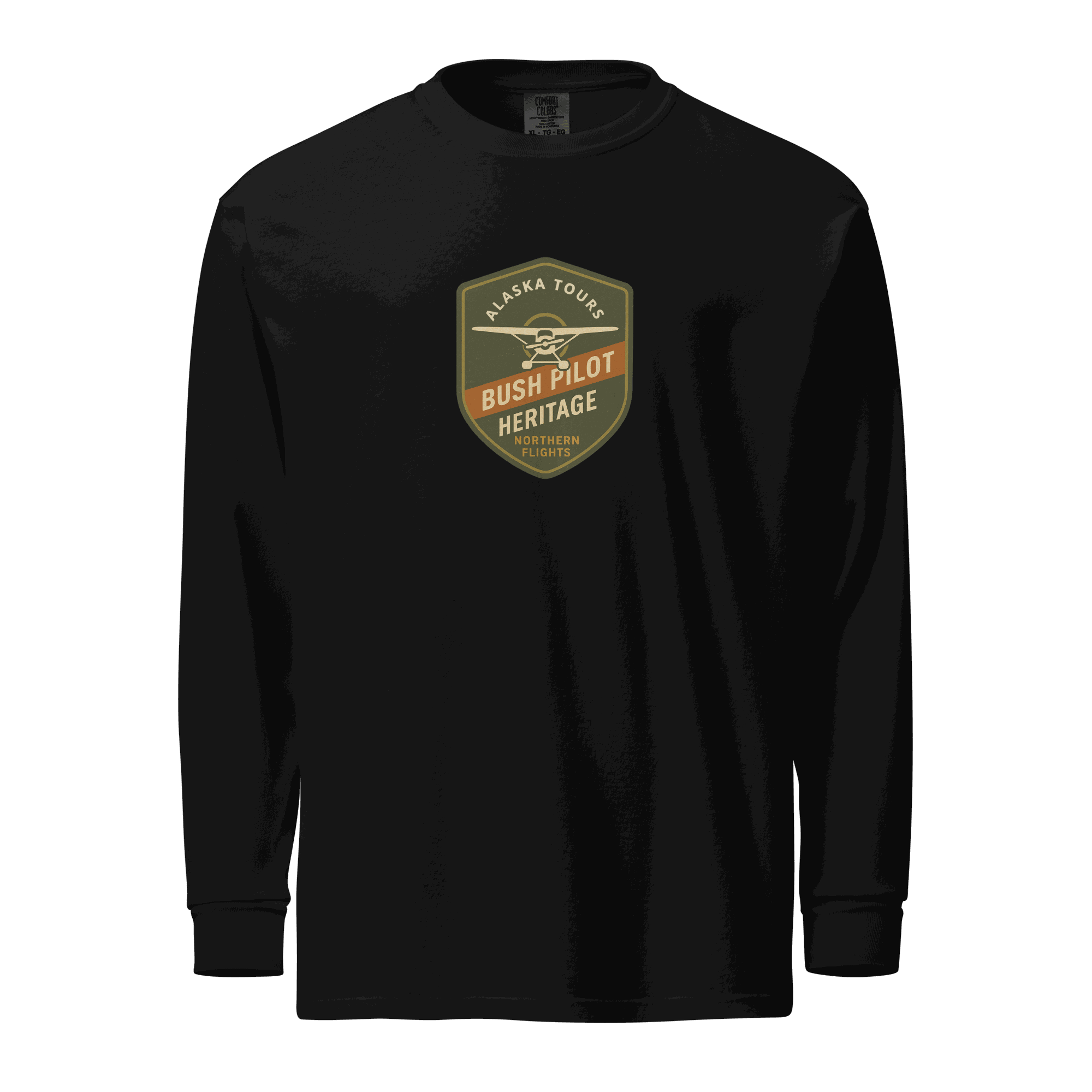 Black Aviation Bush Pilot long-sleeve shirt with Alaska Tours Heritage logo, heavyweight cotton, relaxed fit, rib cuffs, pre-shrunk garment-dyed fabric