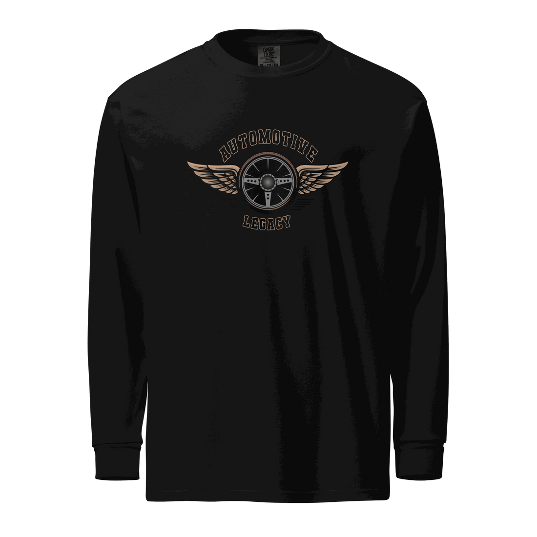 Black Automotive Legacy long sleeve shirt with winged steering wheel graphic, heavyweight cotton, relaxed fit, and pre-shrunk fabric