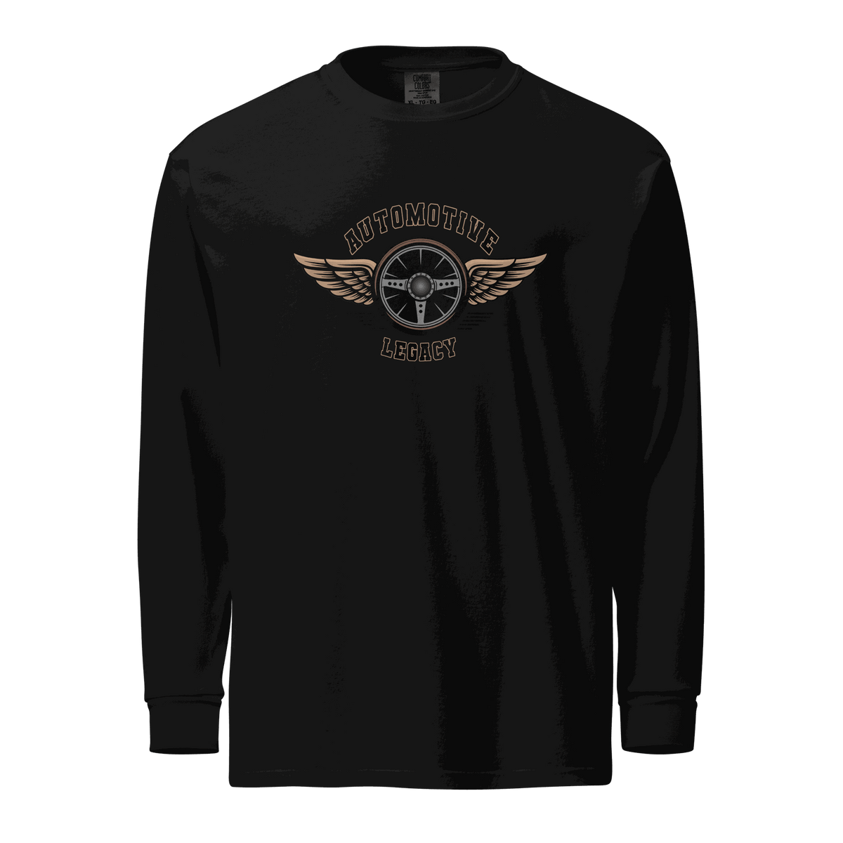 Black Automotive Legacy long sleeve shirt with winged steering wheel graphic, heavyweight cotton, relaxed fit, and pre-shrunk fabric