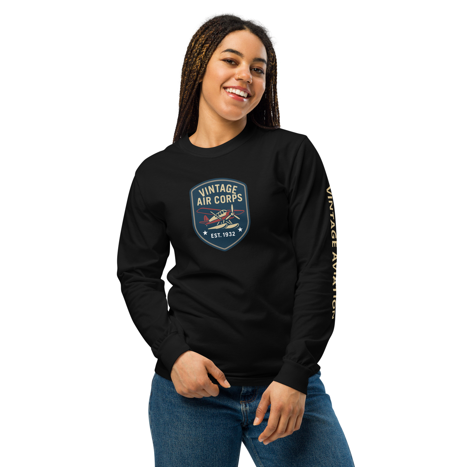 Woman wearing black Vintage Aviation Long Sleeve Shirt with retro pilot graphic and "Vintage Aviation" text on sleeve