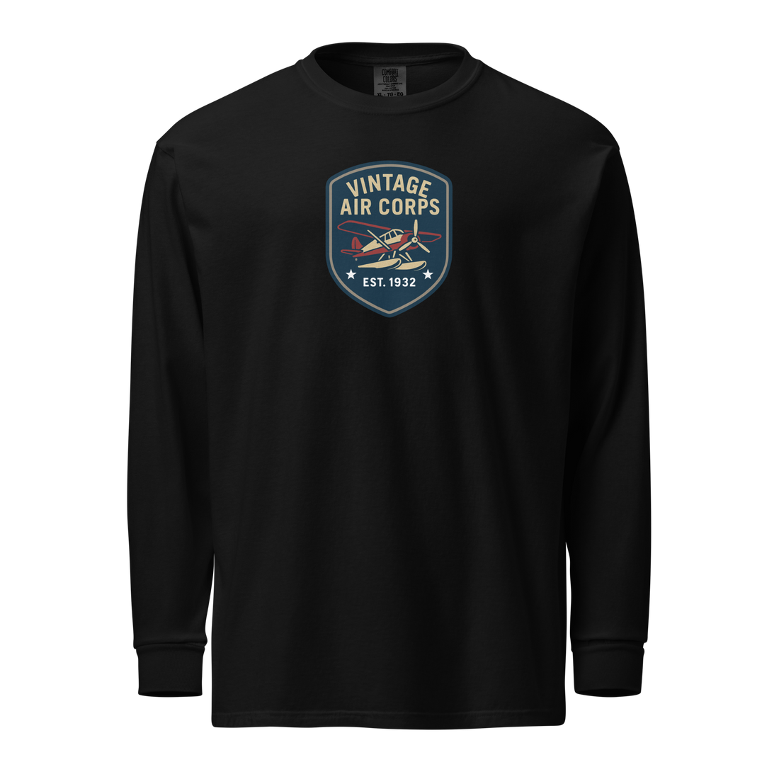 Black vintage aviation long sleeve shirt with retro pilot graphic and "Vintage Air Corps" emblem