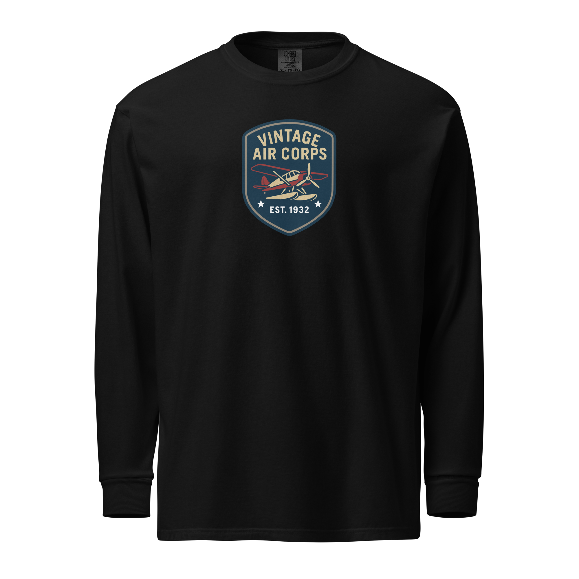 Black vintage aviation long sleeve shirt with retro pilot graphic and "Vintage Air Corps" emblem