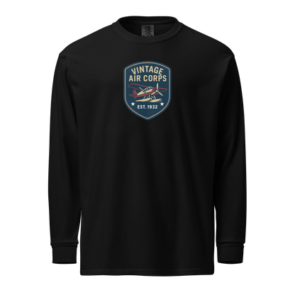 Black vintage aviation long sleeve shirt with retro pilot graphic and "Vintage Air Corps" emblem