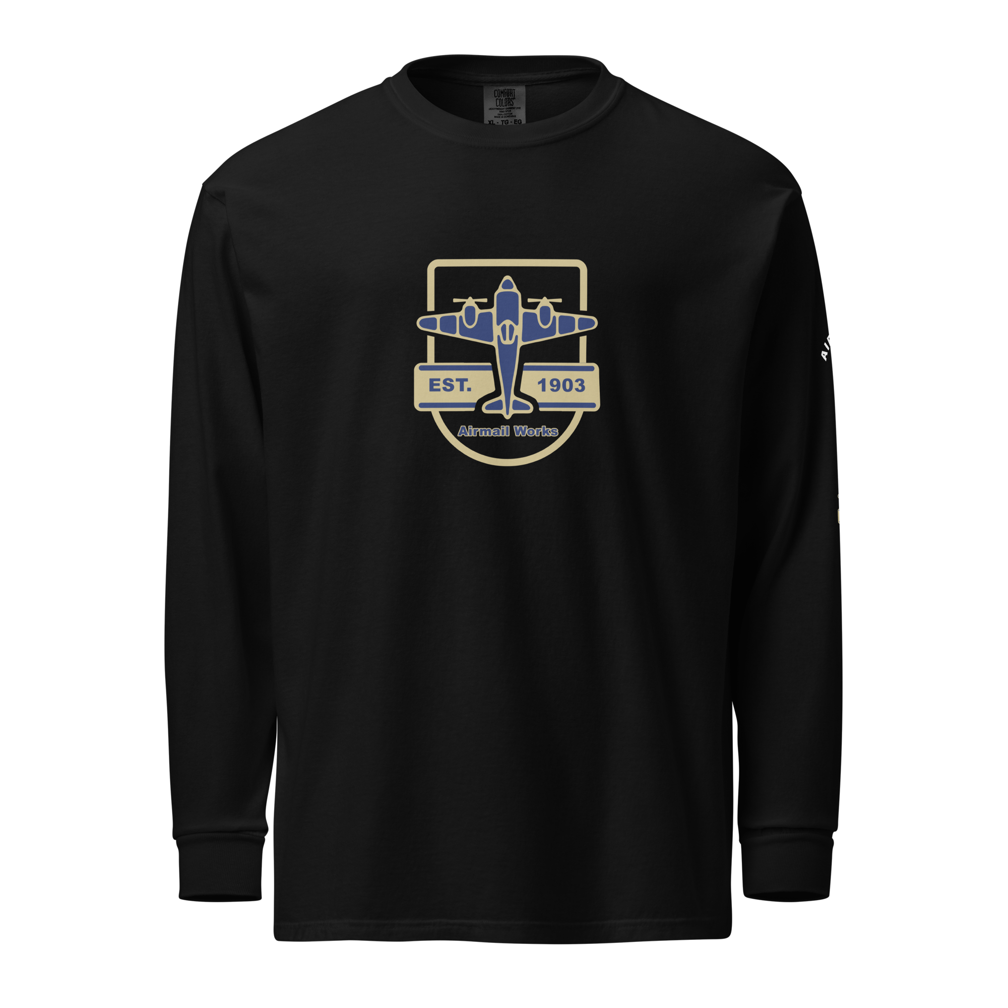 black Vintage Aviation long sleeve shirt with airplane graphic and "EST. 1903" text on front