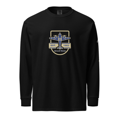 black Vintage Aviation long sleeve shirt with airplane graphic and "EST. 1903" text on front