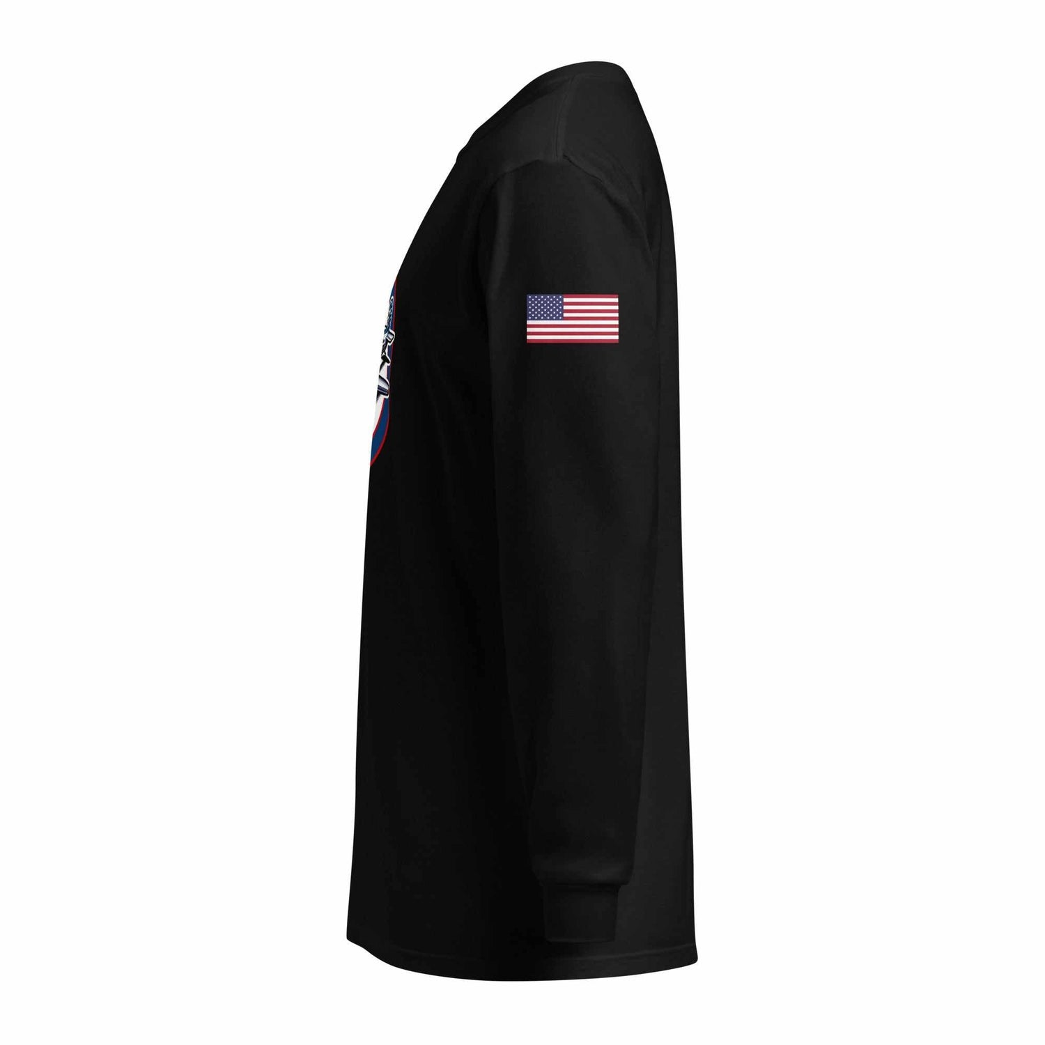 Black USA Plane 1 unisex long sleeve shirt with American flag patch on sleeve, heavyweight ring-spun cotton, relaxed fit
