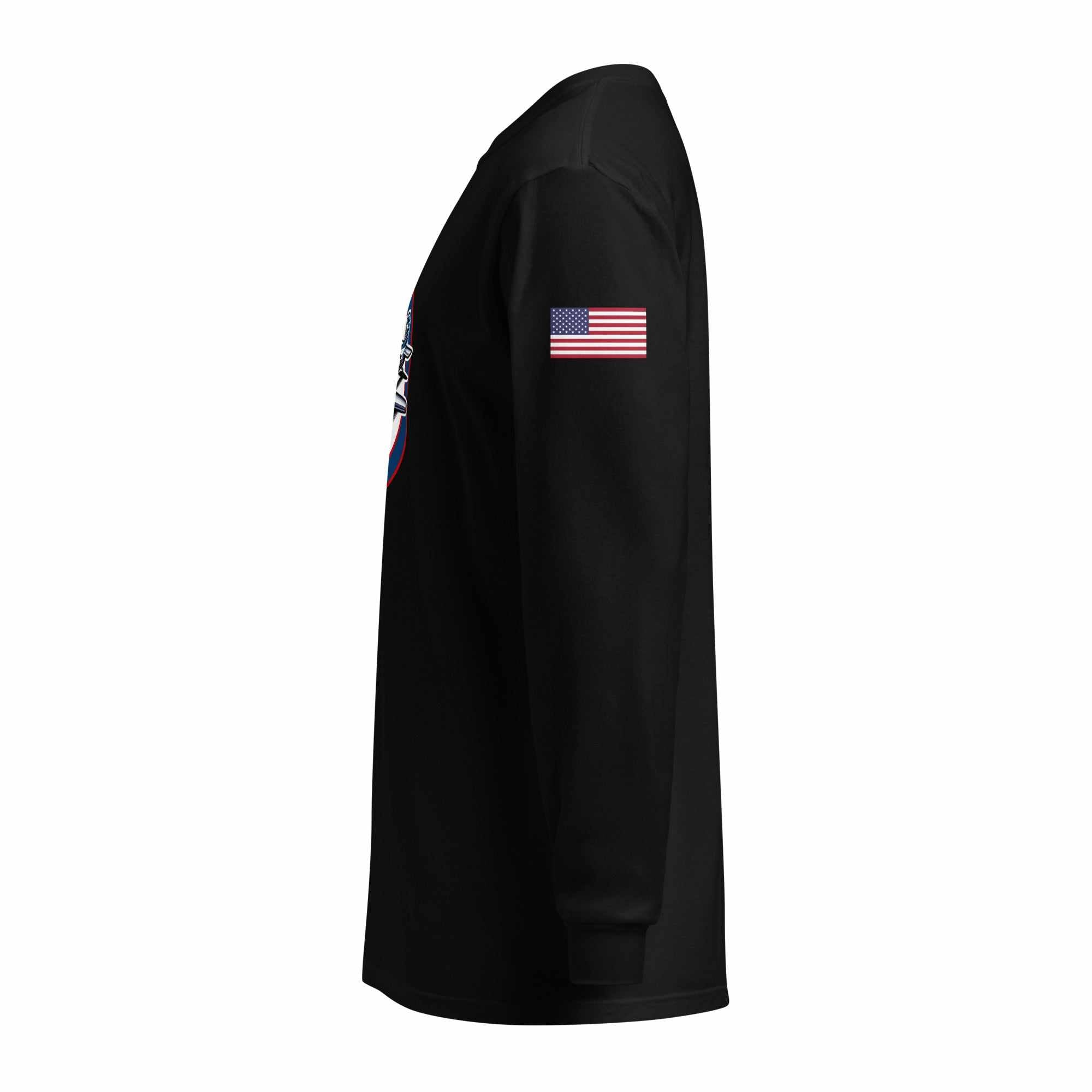 Black USA Plane 1 unisex long sleeve shirt with American flag patch on sleeve, heavyweight ring-spun cotton, relaxed fit