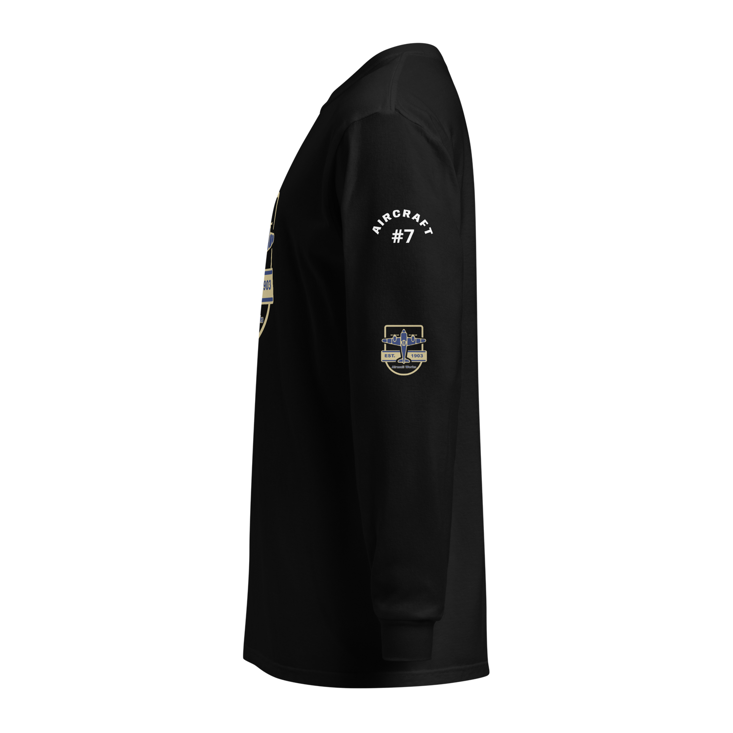 Side view of black Vintage Aviation long sleeve shirt with aircraft 