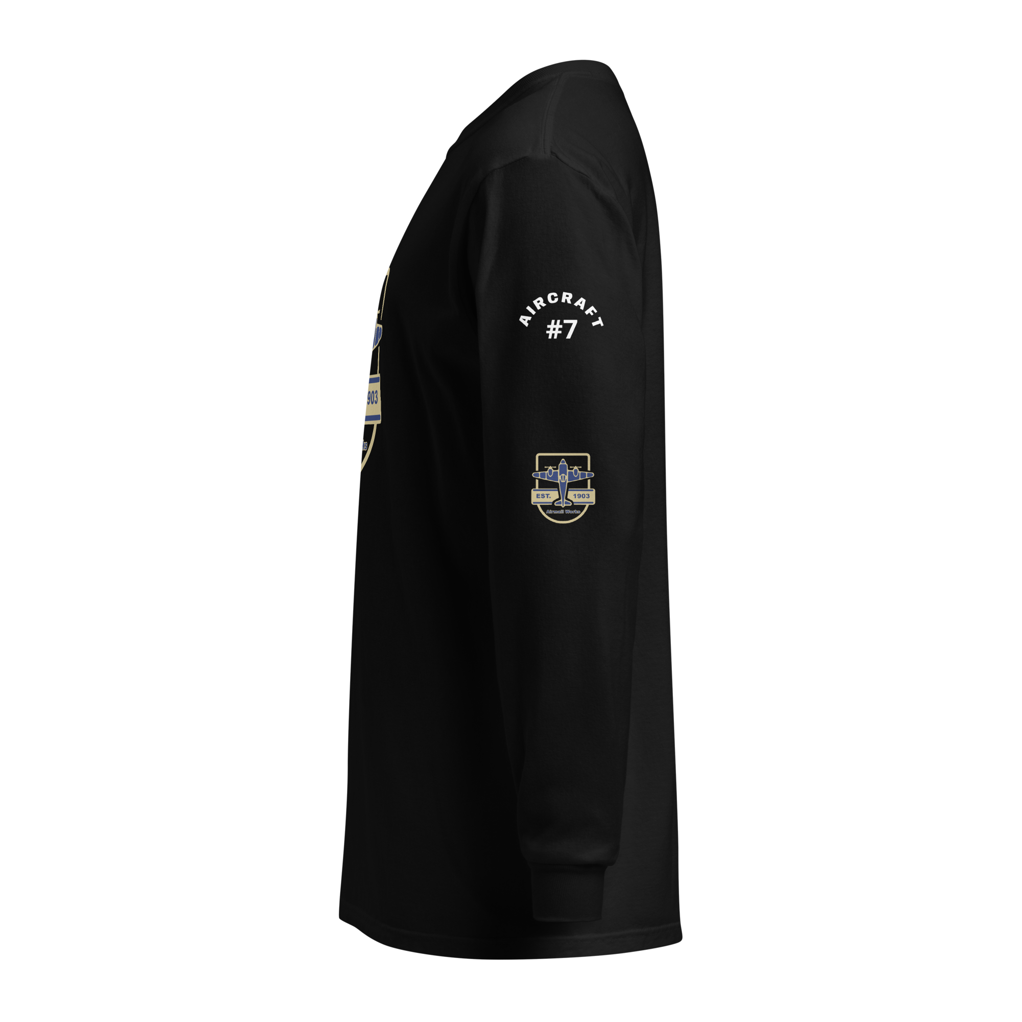 Side view of black Vintage Aviation long sleeve shirt with aircraft 