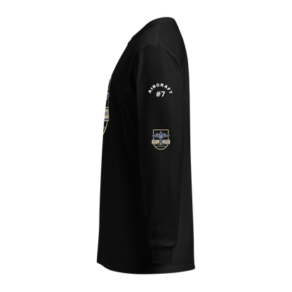 Side view of black Vintage Aviation long sleeve shirt with aircraft 