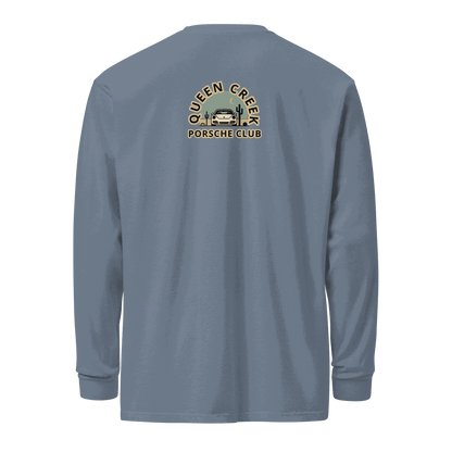 Queen Creek Porsche Club heavyweight long-sleeve shirt in blue with club logo on back, durable 100% cotton, relaxed fit