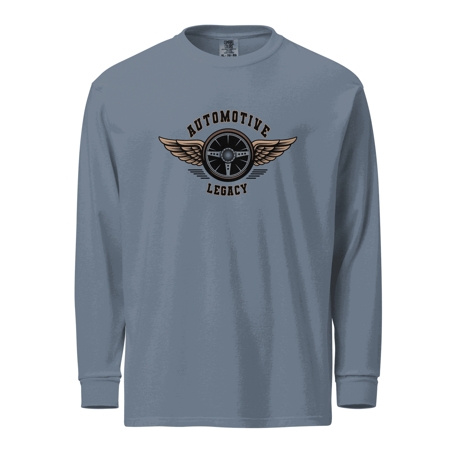 Automotive Legacy long sleeve shirt in blue with winged steering wheel logo, made of durable heavyweight cotton fabric