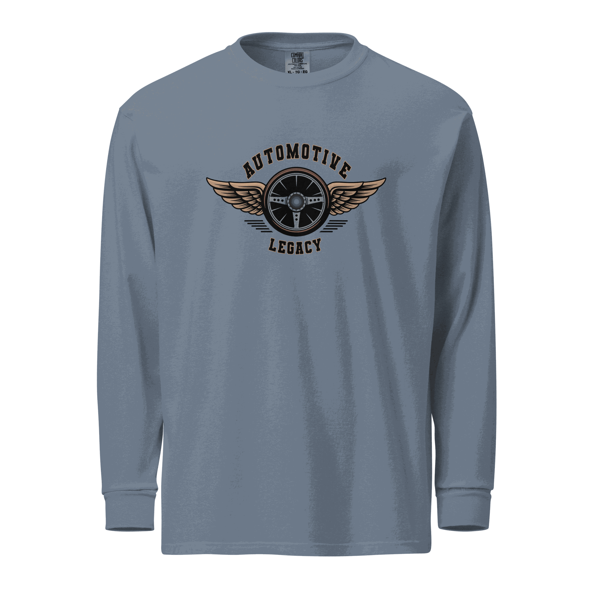 Automotive Legacy long sleeve shirt in blue with winged steering wheel logo, made of durable heavyweight cotton fabric