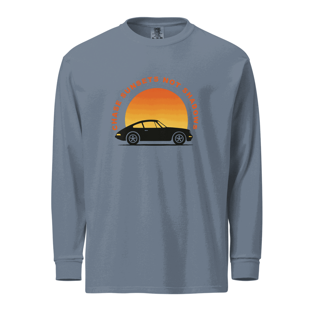 Garment-dyed long sleeve shirt with vintage car and sunset graphic on blue heavyweight cotton fabric