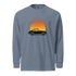 Garment-dyed long sleeve shirt with vintage car and sunset graphic on blue heavyweight cotton fabric