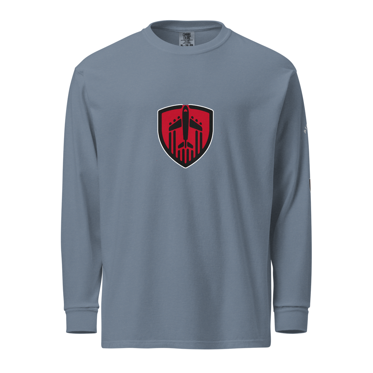 Aviation Jet Shield garment-dyed long sleeve unisex t-shirt in heavyweight cotton with relaxed fit and rib cuffs