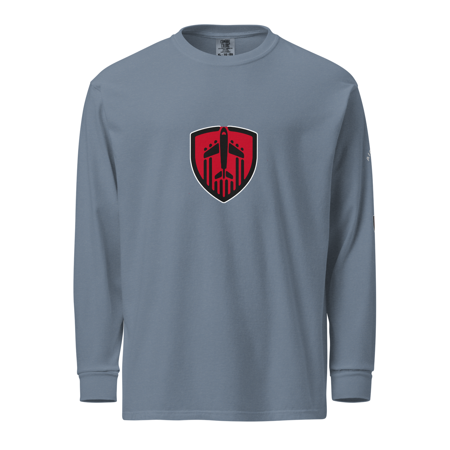 Aviation Jet Shield garment-dyed long sleeve unisex t-shirt in heavyweight cotton with relaxed fit and rib cuffs