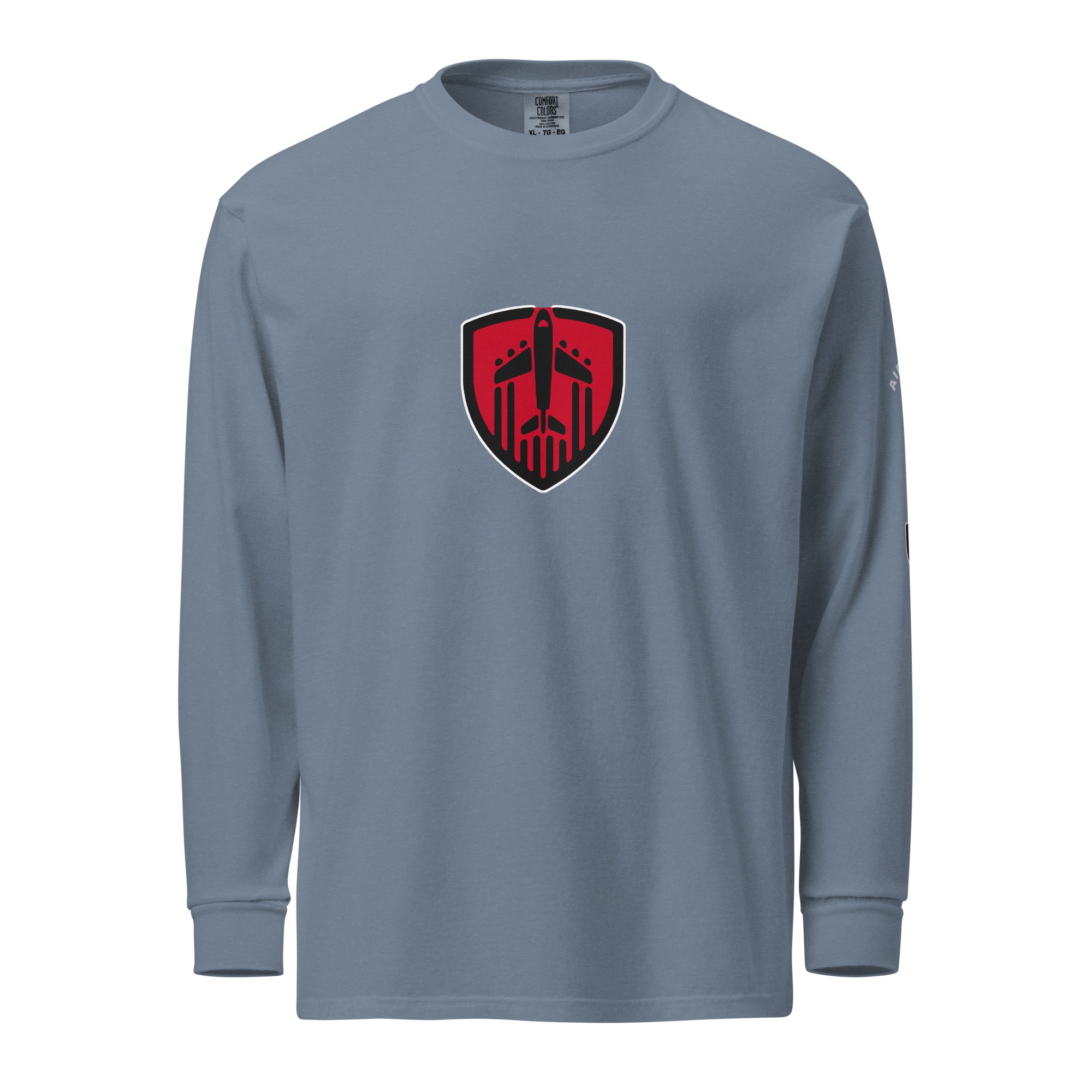 Aviation Jet Shield garment-dyed long sleeve unisex t-shirt in heavyweight cotton with relaxed fit and rib cuffs