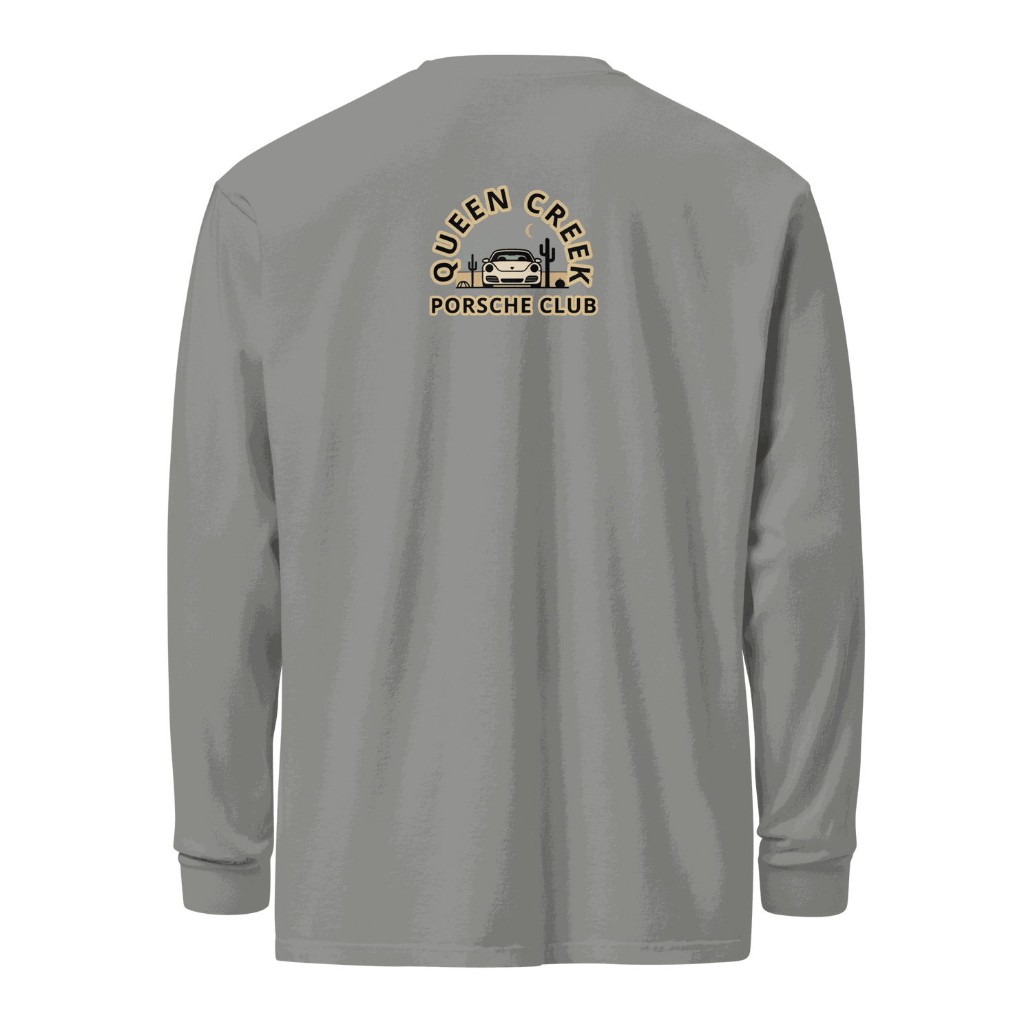 Queen Creek Porsche Club heavyweight long-sleeve shirt in gray with club logo on back, 100% cotton, relaxed fit, garment-dyed and pre-shrunk for durability and comfort