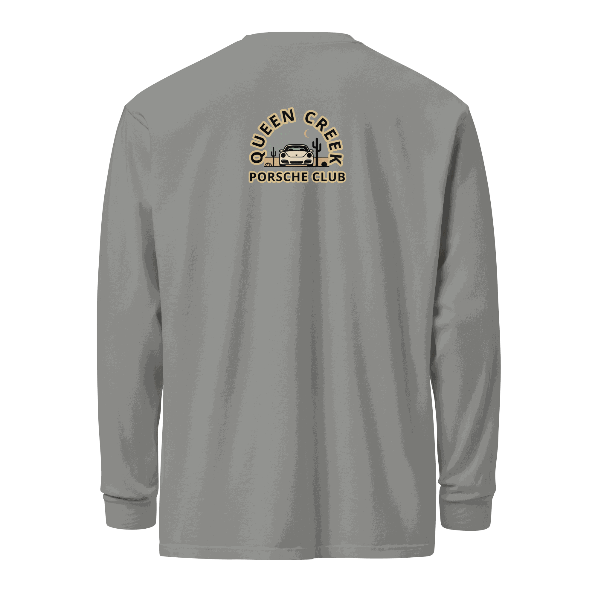 Queen Creek Porsche Club heavyweight long-sleeve shirt in gray with club logo on back, 100% cotton, relaxed fit, garment-dyed and pre-shrunk for durability and comfort