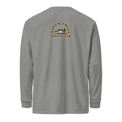 Queen Creek Porsche Club heavyweight long-sleeve shirt in gray with club logo on back, 100% cotton, relaxed fit, garment-dyed and pre-shrunk for durability and comfort