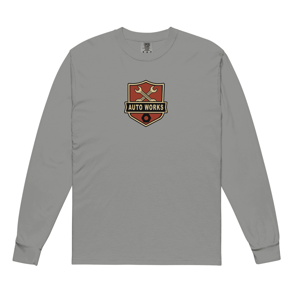 Gray Auto Works Long Sleeve T-Shirt with automotive logo on chest in casual fit