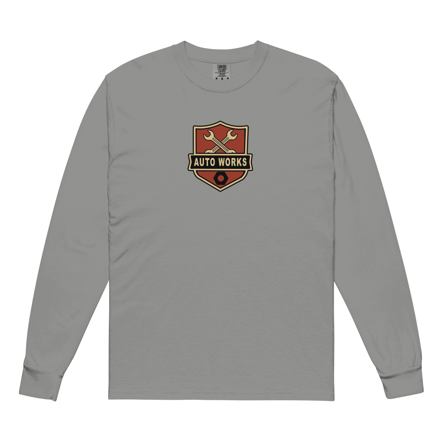 Gray Auto Works Long Sleeve T-Shirt with automotive logo on chest in casual fit