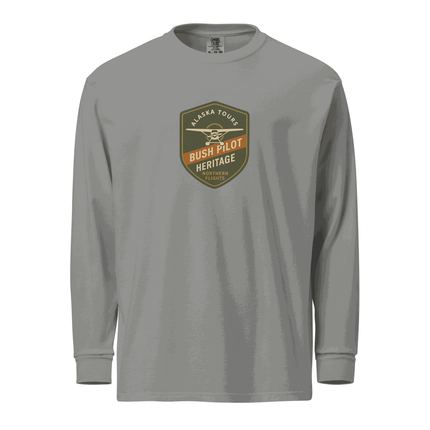 Aviation Bush Pilot long-sleeve shirt in gray, heavyweight cotton with Alaska Tours vintage logo on chest