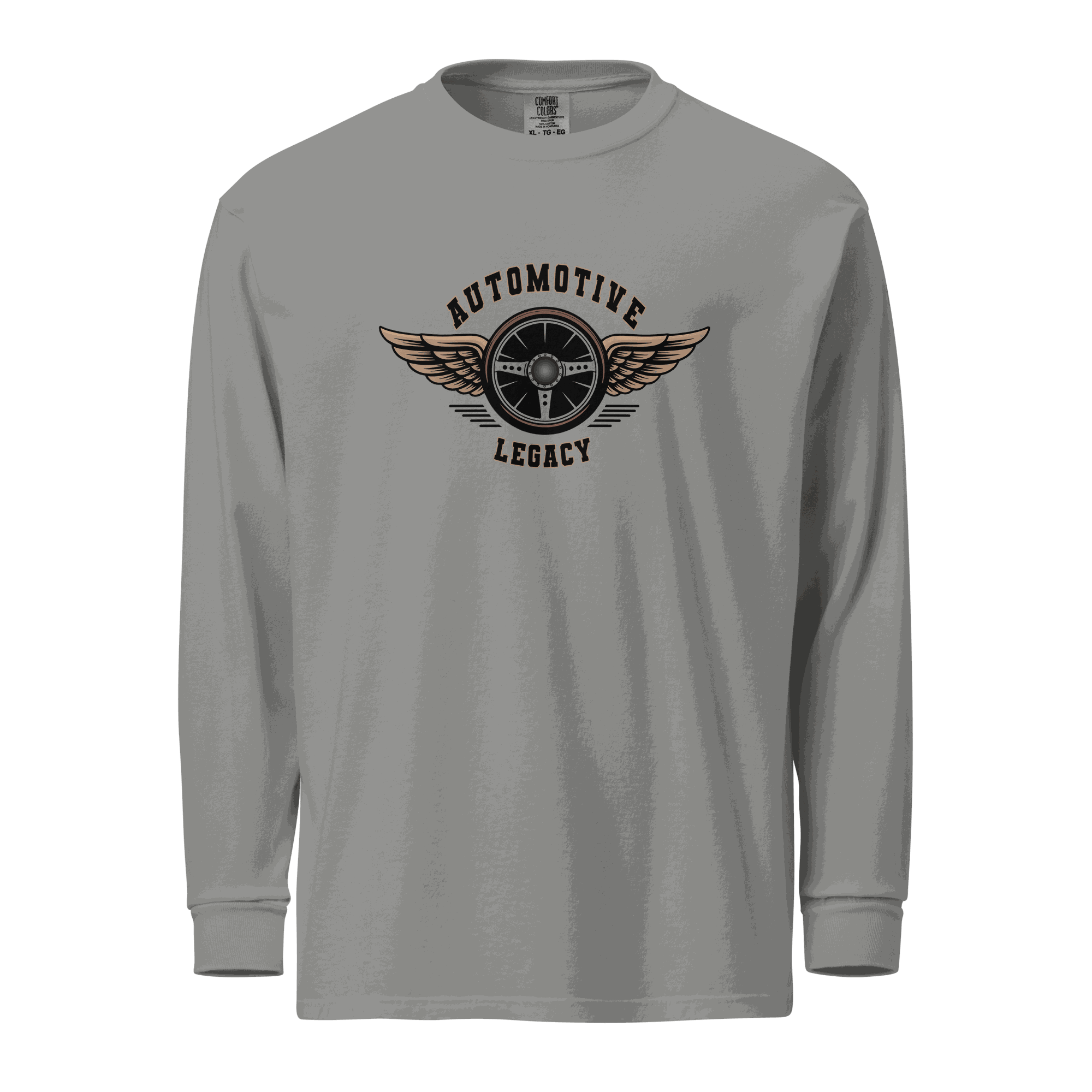 Gray Automotive Legacy long sleeve shirt with winged steering wheel graphic and relaxed fit design