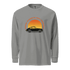 Gray garment-dyed long sleeve shirt with vintage car and sunset graphic and text "Chase sunsets not shadows"