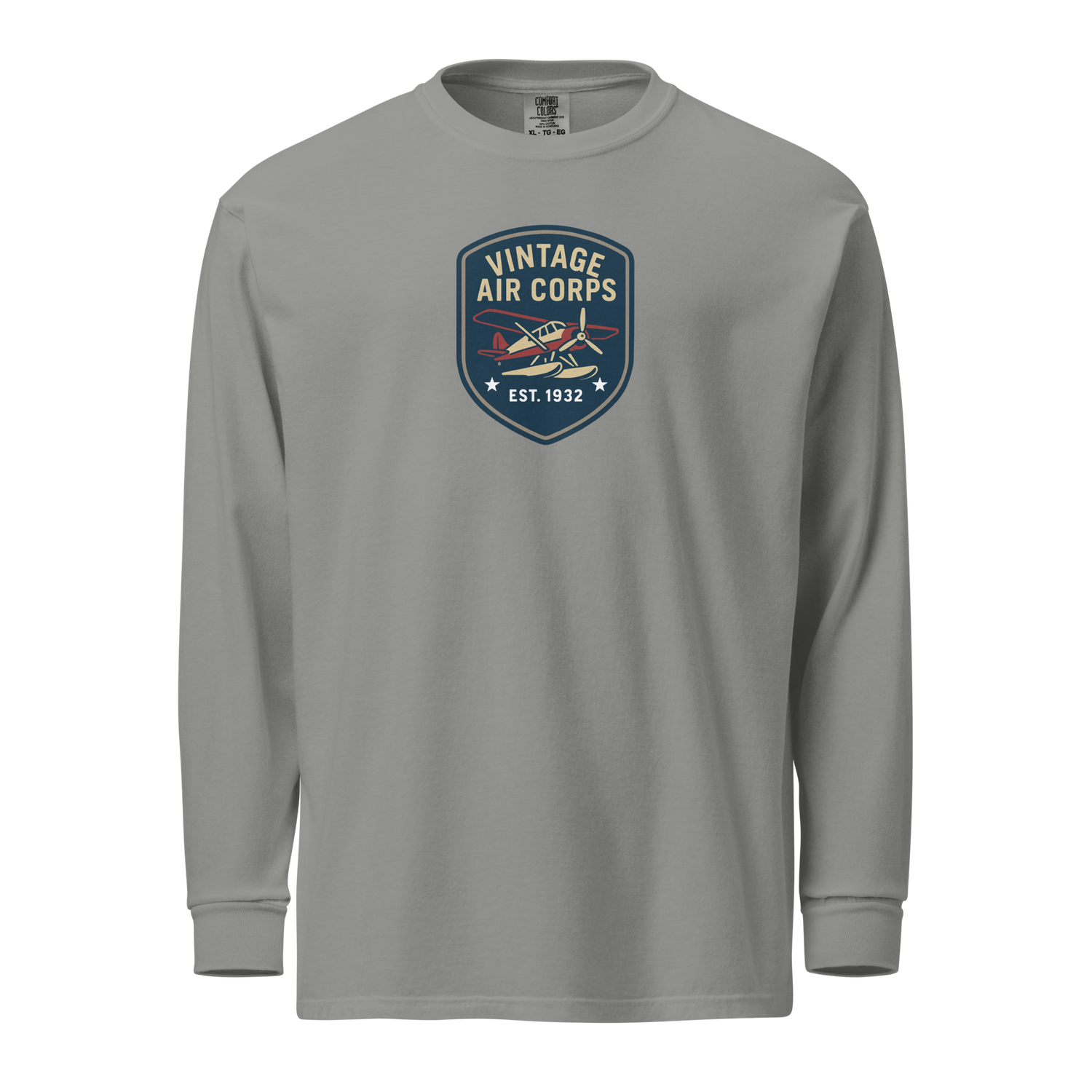 Vintage Aviation Long Sleeve Shirt with retro pilot graphic and vintage air corps emblem on gray fabric