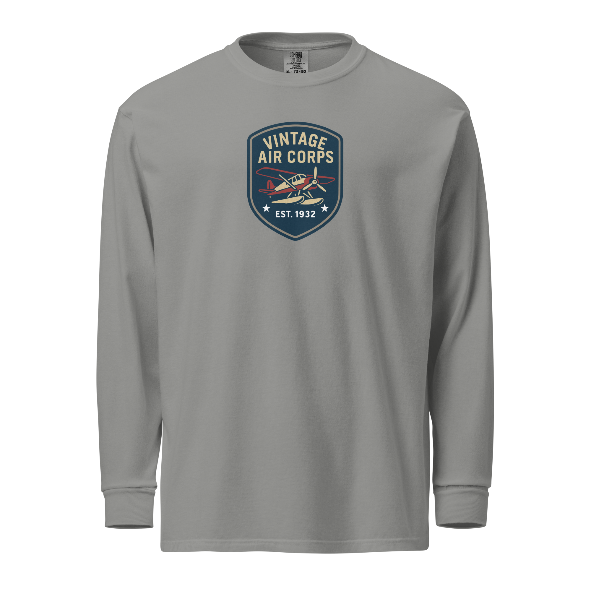 Vintage Aviation Long Sleeve Shirt with retro pilot graphic and vintage air corps emblem on gray fabric