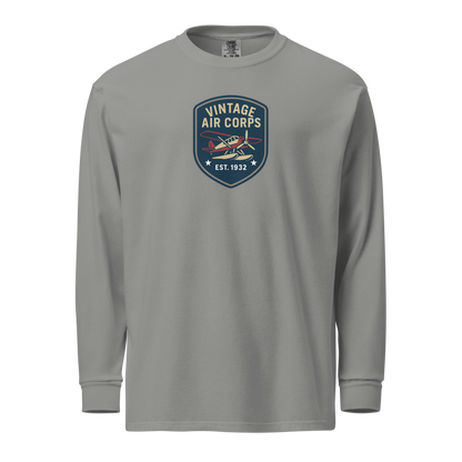 Vintage Aviation Long Sleeve Shirt with retro pilot graphic and vintage air corps emblem on gray fabric