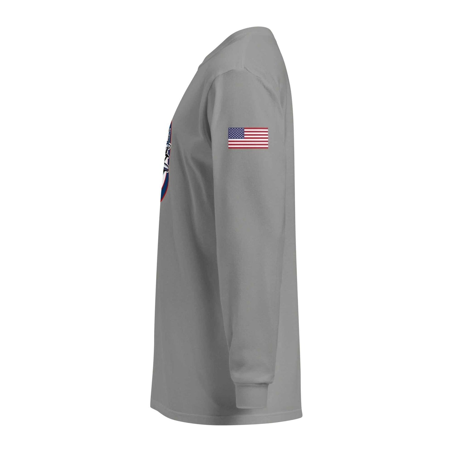 Gray USA Plane 1 long sleeve shirt with American flag on sleeve, heavyweight cotton, relaxed fit, unisex garment-dyed fabric