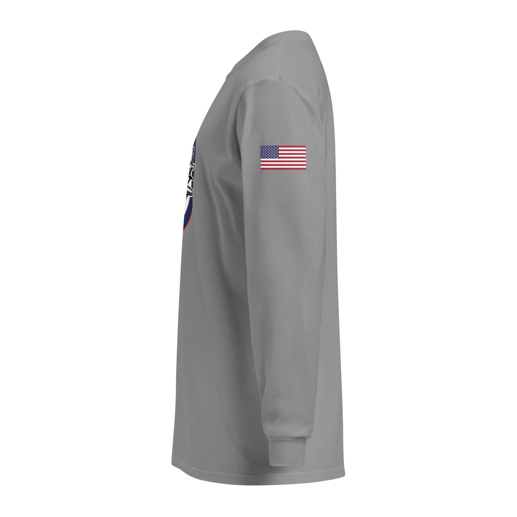 Gray USA Plane 1 long sleeve shirt with American flag on sleeve, heavyweight cotton, relaxed fit, unisex garment-dyed fabric