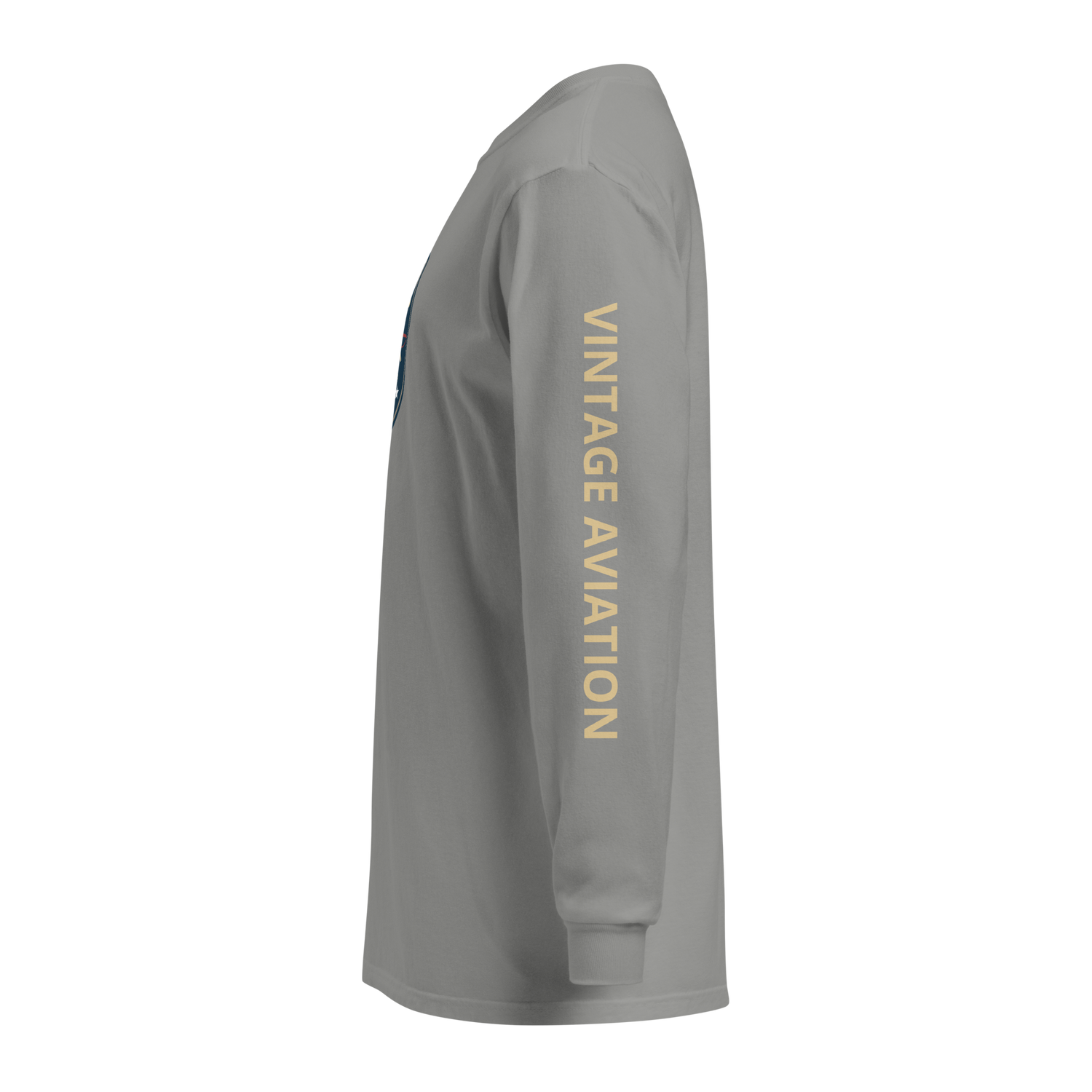 Gray vintage aviation long sleeve shirt with retro pilot graphic and "VINTAGE AVIATION" text on the sleeve.