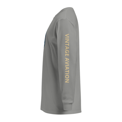 Gray vintage aviation long sleeve shirt with retro pilot graphic and "VINTAGE AVIATION" text on the sleeve.