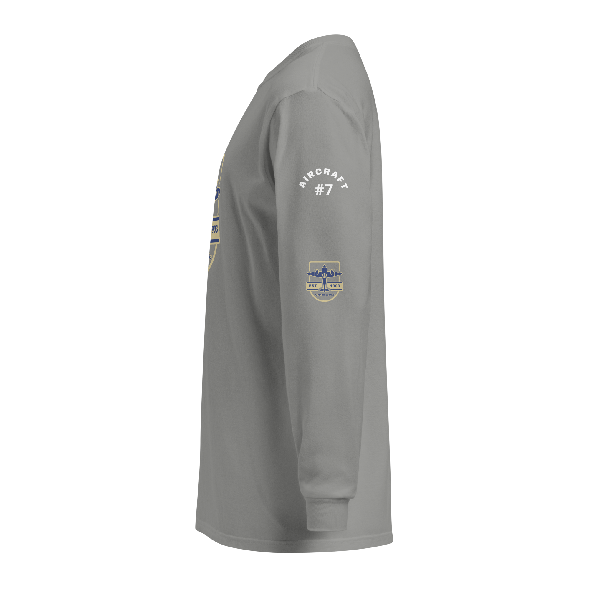 Vintage Aviation long sleeve shirt in gray with aircraft graphic on sleeve, made of heavyweight garment-dyed cotton for comfort and durability