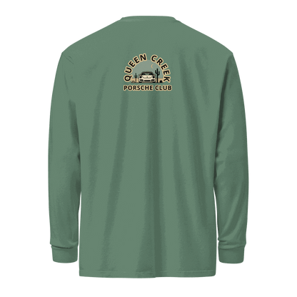 Queen Creek Porsche Club heavyweight long-sleeve shirt in green with club logo on back, 100% cotton, garment-dyed and pre-shrunk for comfort and durability