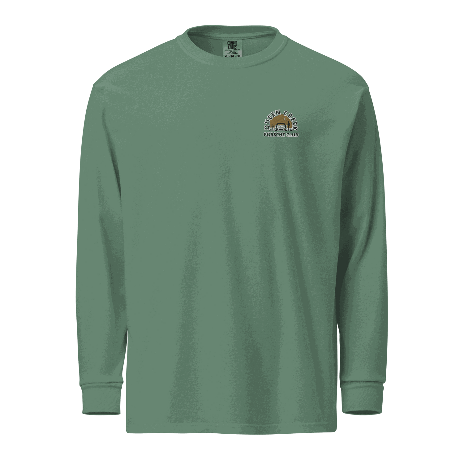 Queen Creek Porsche Club heavyweight long-sleeve garment-dyed cotton shirt in green with club logo on chest
