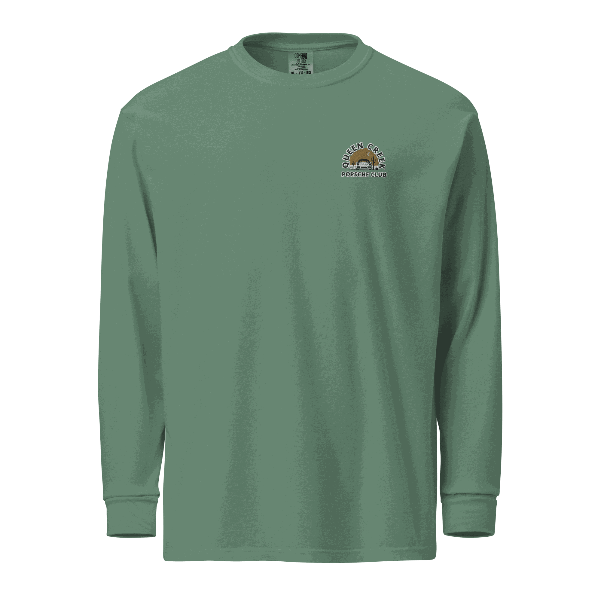 Queen Creek Porsche Club heavyweight long-sleeve garment-dyed cotton shirt in green with club logo on chest