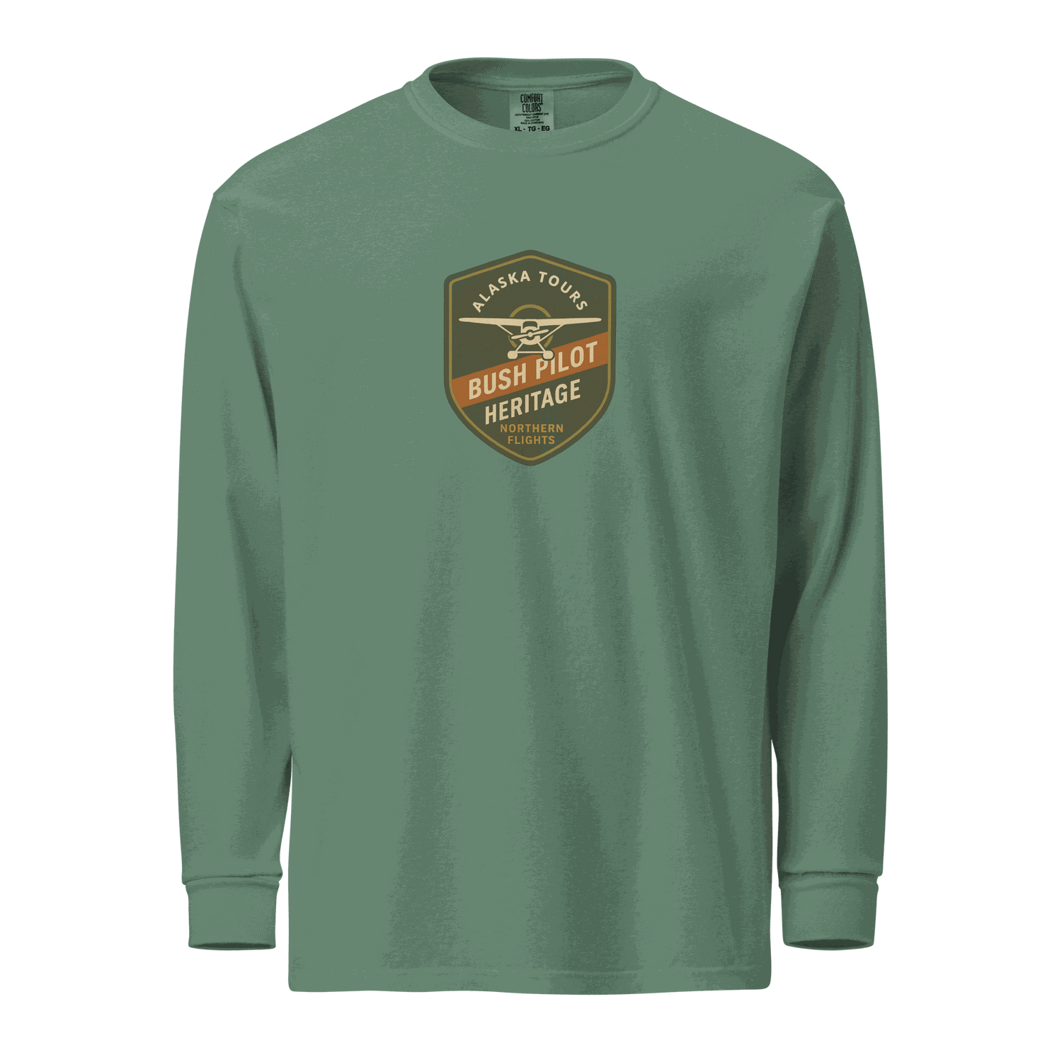Green Aviation Bush Pilot long-sleeve shirt with heritage logo, unisex heavyweight cotton, relaxed fit, garment-dyed, pre-shrunk fabric.